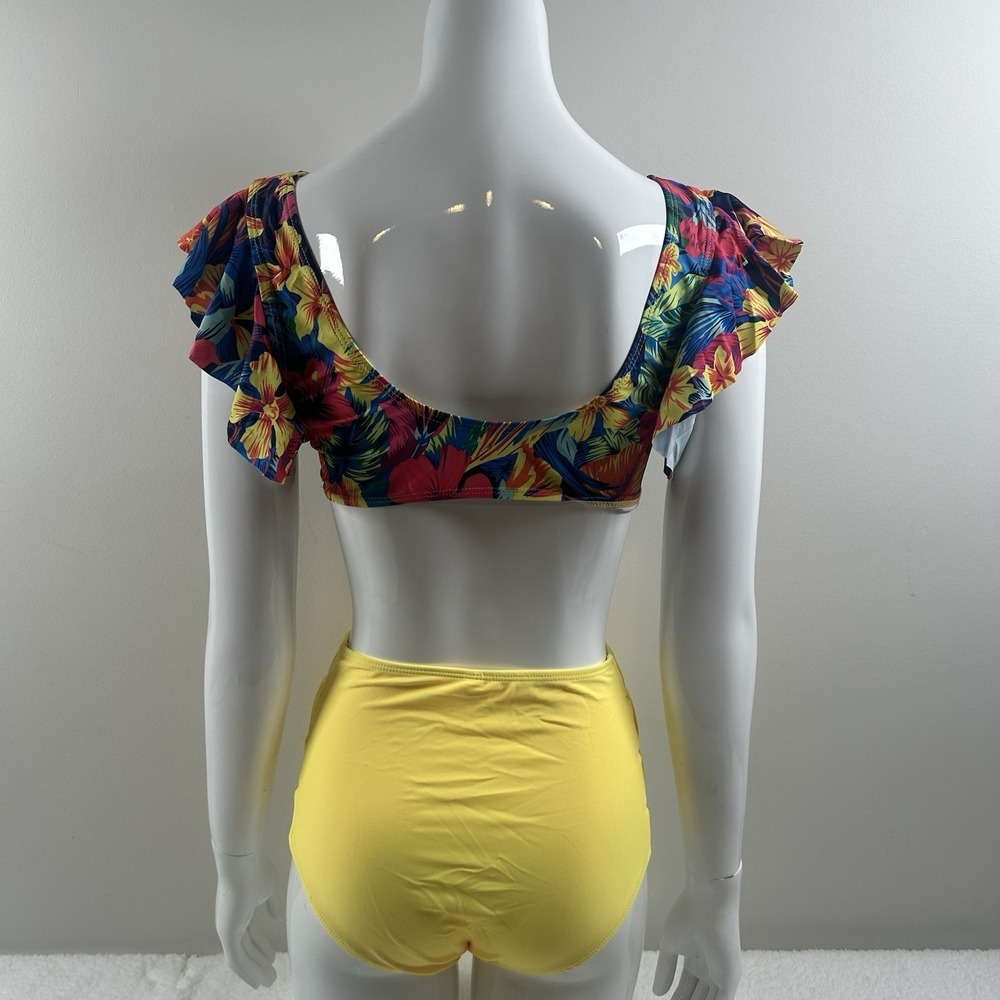 Bikini Set Womens Small Multicolor Floral Ruffle Top High Waist Yellow Bottom - Picture 2 of 16